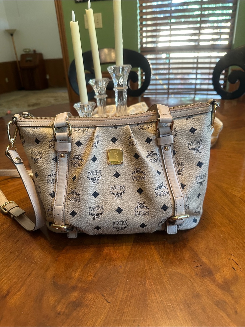MCM Cream Cognac Satchel Bag